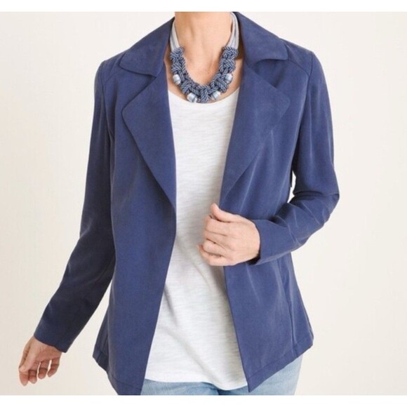 Chico's Women’s 2 US L Blue Drape Jacket, Soft Twill Lyocell Open Front Blazer - Picture 1 of 12